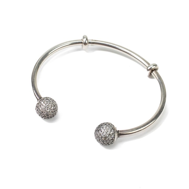 Pandora Silver Clear Stone Open Bangle with Two Rings, 15cm, 11.3g (VAT Only Payable on Buyers Premium)