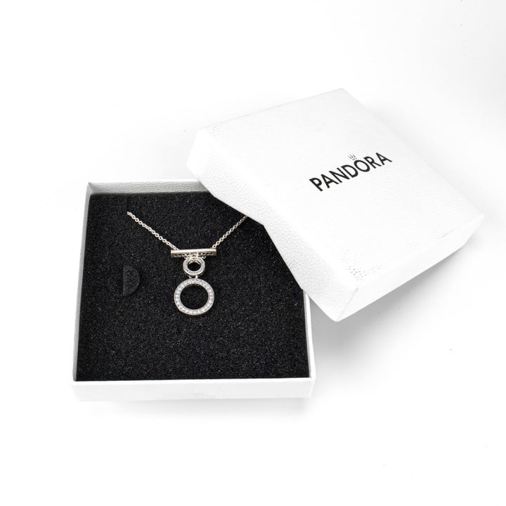 Pandora Silver Clear Stone Double Circle T Bar Pendant and Adjustable Chain, 43cm, 5.5g. Includes Pandora Box (VAT Only Payable on Buyers Premium)