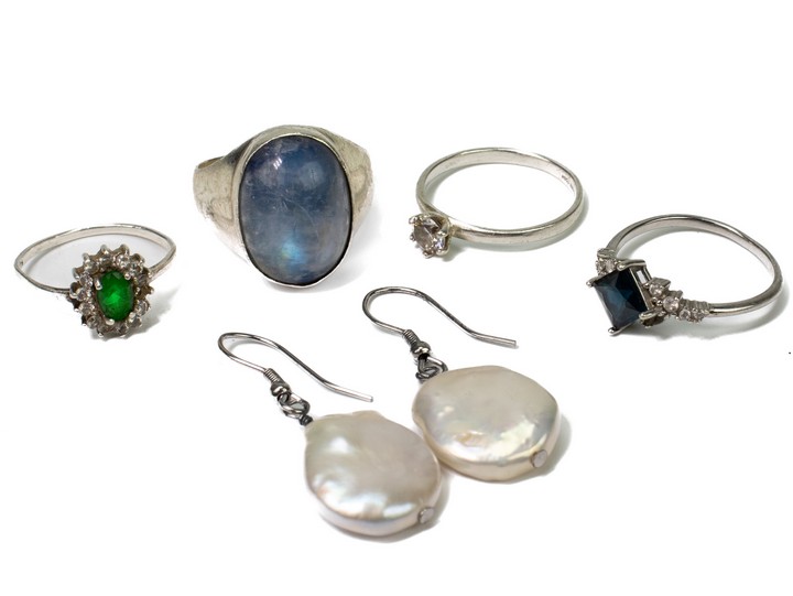 Silver Selection including Pair of White Drop Earrings, 3.5cm, Blue Stone Ring, Size Q (Stone Scratched), Clear Stone Ring, Size O, Blue and Clear Stone Ring, Size P, Green with Clear Stone Halo Ring