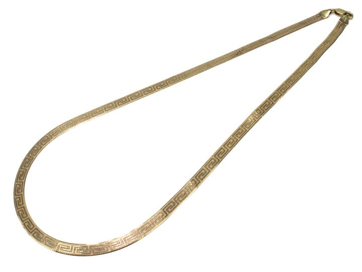 18K Yellow and White Greek Key Necklace, 45cm, 12.8g (Has some dents).  Auction Guide: £450-£550 (VAT Only Payable on Buyers Premium)