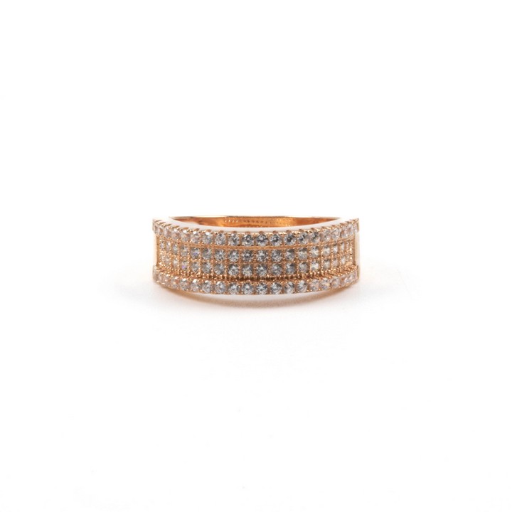 Silver Rose Gold Plated Four Row CZ Band Ring, Size N, 3.6g