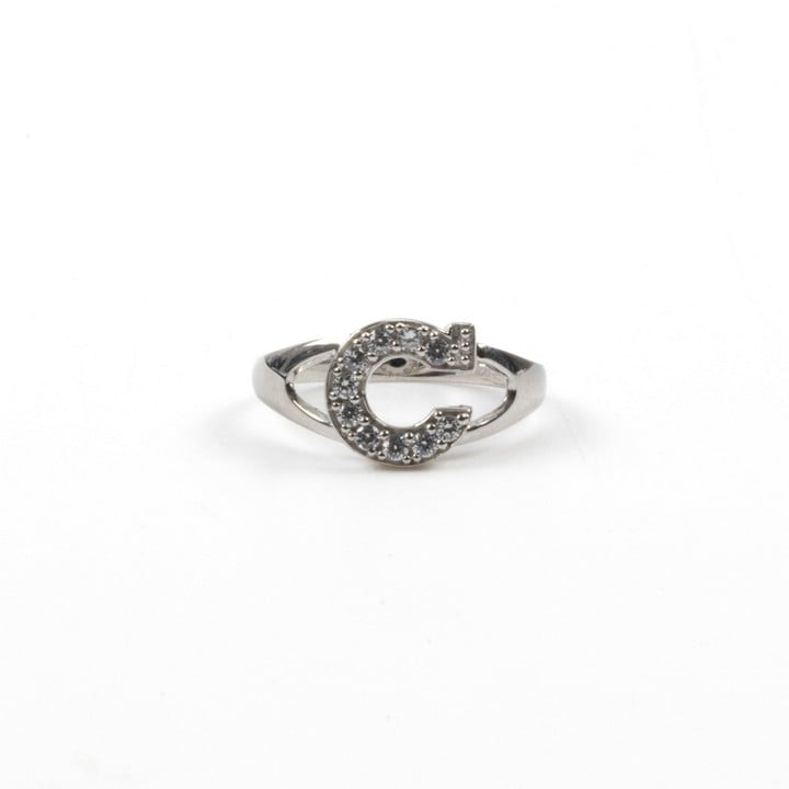 Silver White Stone Pavé Initial C Ring, Size N, 2.2g