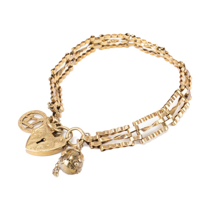 9ct Yellow Gold Gate Bracelet with Heart Padlock and Two Charms, 17cm, 16.7g.  Auction Guide: £300-£400 (VAT Only Payable on Buyers Premium)