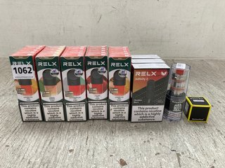 QTY OF ASSORTED VAPE PRODUCTS TO INCLUDE RELX PRO LEMON ICE TEA DISPOSABLE VAPE (PLEASE NOTE: 18+YEARS ONLY. ID MAY BE REQUIRED): LOCATION - D12