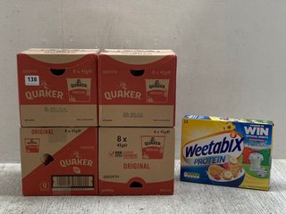 4 X BOXES OF 8 QUAKER ORIGINAL OATS - BBE: 24.08.2024 TO ALSO INCLUDE BOX OF 24 WEETABIX PROTEIN - BBE: 11.09.2024: LOCATION - A3