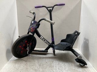 RAZOR RIPRIDER 360 CASTER TRIKE IN BLACK TO ALSO INCLUDE XRDTED FOLDABLE SCOOTER IN BLACK/PURPLE: LOCATION - A3