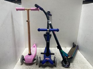 3 X ASSORTED CHILDRENS SCOOTERS TO INCLUDE UMOVE FOLDABLE SCOOTER IN ROSE GOLD/PINK: LOCATION - A7