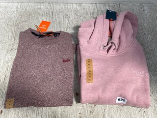 SUPERDRY ESSENTIAL LOGO HOODIE IN LA SOFT MARL PINK SIZE 16 AND VINTAGE LOGO MICRO EMB TEE IN TOIS BURGUNDY GRIT SIZE S: LOCATION - C0