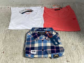 3 X ASSORTED SUPERDRY WOMENS CLOTHING IN VARIOUS SIZES TO INCLUDE LUMBERJACK CHECK FLANNEL SHIRT IN CLASSIC BLUE CHECK SIZE 14: LOCATION - C0