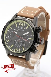 MEN'S LOUIS LACOMBE CHRONOGRAPH WATCH. FEATURING A BLACK DIAL WITH SUB DIALS, DATE, BLACK BEZEL AND CASE, W/R 3ATM. BROWN LEATHER STRAP. COMES WITH A GIFT BOX: LOCATION - E7