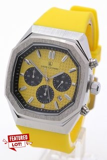 MEN'S LOUIS LACOMBE CHRONOGRAPH WATCH. FEATURING A YELLOW DIAL WITH SUB DIALS, DATE, SILVER COLOURED BEZEL AND CASE, W/R 3ATM, YELLOW RUBBER STRAP. COMES WITH A GIFT BOX: LOCATION - E7