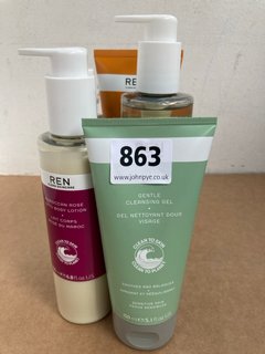 QTY OF REN SKINCARE PRODUCTS TO INCLUDE GENTLE CLEANSING GEL AND MOROCCAN ROSE BODY LOTION: LOCATION - C8