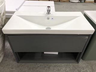 (COLLECTION ONLY) WALL HUNG 1 DRAWER WITH OPEN SHELF SINK UNIT IN GREY WITH 810 X 400MM 1TH CERAMIC BASIN COMPLETE WITH MONO BASIN MIXER TAP & CHROME SPRUNG WASTE - RRP £805: LOCATION - C3