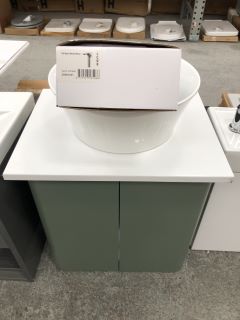 (COLLECTION ONLY) WALL HUNG 2 DOOR COUNTERTOP SINK UNIT IN FERN GREEN & WHITE 510 X 360MM WITH ROUND CERAMIC VESSEL BASIN COMPLETE WITH HIGH MONO BASIN MIXER TAP & CHROME SPRUNG WASTE- RRP £625: LOCA