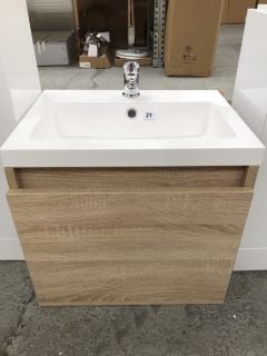 (COLLECTION ONLY) WALL HUNG 1 DOOR SINK JUNIT IN OAK EFFECT WITH 505 X 360MM 1TH POLYMARBLE BASIN COMPLETE WITH MONO BASIN MIXER TAP & CHROME SPRUNG WASTE - RRP £645: LOCATION - C3