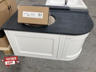 (COLLECTION ONLY) BURLINGTON WALL MOUNTED LEFT HANDED CURVED VANITY UNIT IN MATT WHITE WITH A 983 X 548 MM MINERVA LH MATCHING COUNTERTOP WITH INTEGRAL BASIN & BACKSPLASH COMPLETE WITH WALL MOUNTED B