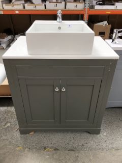(COLLECTION ONLY) FLOOR STANDING 2 DOOR COUNTERTOP SINK UNIT IN CLAY & WHITE 800 X 510MM WITH 1TH CERAMIC BASIN COMPLETE WITH MONO BASIN MIXER TAP & CHROME SPRUNG WASTE - RRP £920: LOCATION - C1