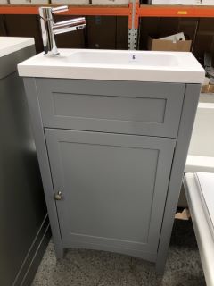 (COLLECTION ONLY) FLOOR STANDING 1 DOOR CLOSET SINK UNIT IN LIGHT GREY WITH A 460 X 230MM STH POLYMARBLE BASIN COMPLETE WITH A MONO BASIN MIXER TAP & CHROME SPRUNG WASTE - RRP £625: LOCATION - C1