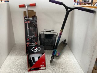 4 X ASSORTED SPORTING ITEMS TO INCLUDE WIRED HAZARD FOLDING KIDS SCOOTER IN BLACK & RED: LOCATION - WH5