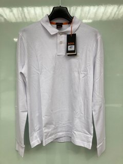 HUGO BOSS SLIM-FIT STRETCH COTTON WHITE LONG SLEEVE POLO SHIRT WITH LOGO PATCH - SIZE SMALL: LOCATION - BOOTH