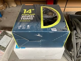 QTY OF ASSORTED ITEMS TO INCLUDE BLACK PLASTIC STORAGE BOX TO ALSO INCLUDE SIMPLE COMMERCIAL 16" DEEP DISH WHEEL TRIMS TO INCLUDE PORTLAND 14" WHEEL TRIMS: LOCATION - BR17