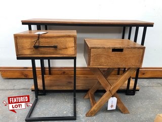 SET OF 3 GENIEMODE HOME FURNITURE PIECES TO INCLUDE 2 TIER CONSOLE TABLE IN MANGO WOOD AND BLACK WITH 2 X 1 DRAWER SIDE TABLES IN MANGO WOOD - RRP £399: LOCATION - A7