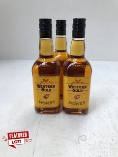 3 X WESTERN GOLD HONEY SPIRIT DRINK ON WHISKEY BASE WITH 1% HONEY 70CL ALCOHOL 35% VOL (WE OPERATE A CHALLENGE 25 POLICY. 18+ ID MAY BE REQUIRED UPON COLLECTION, E.G. A VALID PASSPORT OR PHOTO DRIVI