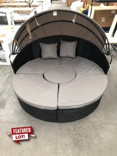 DREAMS OUTDOOR LARGE CIRCULAR GARDEN DAY BED WITH CANNOPY IN BLACK RATTAN AND GREY: LOCATION - A3
