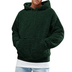 QUANTITY  OF ASSORTED ITEMS TO INCLUDE SUANRET MEN FLUFFY HOODED CASUAL SWEATSHIRT ZIP UP OUTERWEAR PULLOVER WARM JUMPER COAT JACKET BLOUSE HOODED TOPS, A-DARK GREEN,L : LOCATION - A RACK