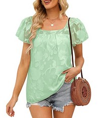 QUANTITY  OF ASSORTED ITEMS TO INCLUDE SAMPLE BLOUSES FOR WOMEN SQUARE NECK LADIES TOPS SUMMER CHIFFON FLORAL CASUAL SHIRTS GREEN SIZE 14-16: LOCATION - B RACK