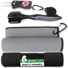 40 X LZFAN GOLF TOWEL MICROFIBER WAFFLE PATTERN GOLF TOWELS, GOLF TOWEL SET INCLUDING GOLF CLUB BRUSH GROOVE CLEANER AND DIVOT REPAIR TOOL, GOLF TOWELS FOR GOLF BAGS FOR MEN BLACK , GRAY  - TOTAL RRP