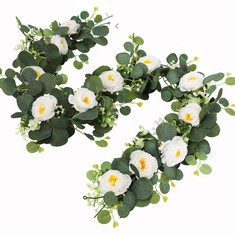 10 X MELAJIA 2 PACK ARTIFICIAL EUCALYPTUS GARLAND WITH FLOWERS,5.9FT FAKE WHITE ROSE GYPSOPHILA GREENERY GARLAND FAUX EUCALYPTUS LEAVES VINES FOR HOME PARTY WEDDING TABLE DECOR - TOTAL RRP £129: LOCA