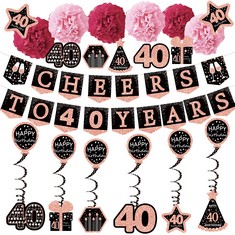 35 X HAPPY 40TH BIRTHDAY DECORATIONS FOR WOMEN, CHEERS TO 40 YEARS ROSE GOLD GLITTER BANNER FOR WOMEN, 6 PAPER POMS, 6 HANGING SWIRL, 7 DECORATIONS STICKERS. 40 YEARS OLD PARTY SUPPLIES GIFTS FOR WOM