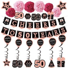 29 X HAPPY 50TH BIRTHDAY DECORATIONS FOR WOMEN, CHEERS TO 50 YEARS ROSE GOLD GLITTER BANNER FOR WOMEN, 6 PAPER POMS, 6 HANGING SWIRL, 7 DECORATIONS STICKERS. 50 YEARS OLD PARTY SUPPLIES GIFTS FOR WOM