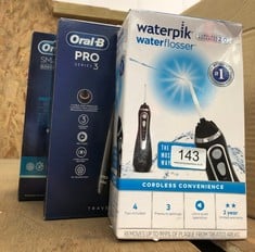 QUANTITY OF ITEMS TO INCLUDE WATERPIK CORDLESS ADVANCED WATER FLOSSER WITH 3 PRESSURE SETTINGS, DENTAL PLAQUE REMOVAL TOOL IDEAL FOR TRAVEL OR SMALL BATHROOMS WITH USB CHARGER, BLACK , WP-582UK : LOC