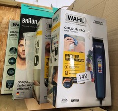 QUANTITY OF ITEMS TO INCLUDE WAHL COLOUR PRO CORDED CLIPPER, HEAD SHAVER, MEN'S HAIR CLIPPERS, COLOUR CODED GUIDES, FAMILY AT HOME HAIRCUTTING: LOCATION - A RACK