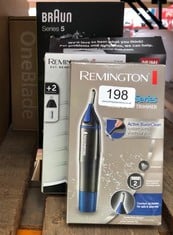 QUANTITY OF ITEMS TO INCLUDE REMINGTON HAIR TRIMMER FOR MEN, NOSE, EAR, & EYEBROW HAIR CLIPPER, ROTARY TRIMMER, TWO COMB ATTACHMENTS, WATERPROOF, BATTERY OPERATED, CORDLESS - NE3850: LOCATION - B RAC