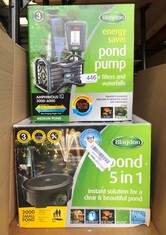 QTY OF ITEMS TO INCLUDE BLAGDON AMPHIBIOUS IQ ENERGY SAVING POND PUMP, FOR FOUNTAIN & WATERFALL, RUN DRY PROTECTION, ADJUSTABLE POWER & FLOW, 3000-6000 MEDIUM POND, BLACK: LOCATION - TABLES