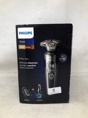 PHILIPS SHAVER SERIES 9000 PRESTIGE WET & DRY ELECTRIC SHAVER LIFT & CUT SHAVING SYSTEM SKIN IQ TECHNOLOGY, BEARD STYLER, NOSE TRIMMER, QI CHARGING PAD, MODEL SP9885/35 BRIGHT CHROME BRUSHED.: LOCATI