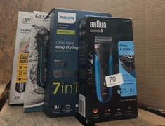 QUANTITY OF ITEMS TO INCLUDE BRAUN SERIES 3 ELECTRIC SHAVER FOR MEN WITH PRECISION BEARD TRIMMER, WET & DRY ELECTRIC RAZOR FOR MEN, UK 2 PIN PLUG, 310, BLACK/BLUE RAZOR: LOCATION - A RACK