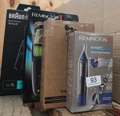 QUANTITY OF ITEMS TO INCLUDE REMINGTON HAIR TRIMMER FOR MEN, NOSE, EAR, & EYEBROW HAIR CLIPPER, ROTARY TRIMMER, TWO COMB ATTACHMENTS, WATERPROOF, BATTERY OPERATED, CORDLESS - NE3850: LOCATION - A RAC