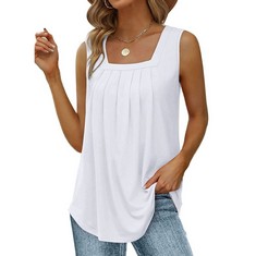 QUANTITY OF ASSORTED ITEMS TO INCLUDE KOEMCY VESTS TOPS FOR WOMEN TANK TOPS BLOUSE LOOSE CASUAL SQUARE NECK BLOUSES PLEATED TOPS SHIRTS SOLID COLOR SLEEVELESS FLOWY CROP TOPS SUMMER (WHITE,S): LOCATI