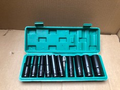 QUANTITY OF ASSORTED ITEMS TO INCLUDE HASERY 10 PCS DEEP IMPACT SOCKET SET, 10-24 MM HEX LONG SOCKET SET WITH PLASTIC STORAGE BOX, 1/2 INCH IMPACT WRENCH SOCKET SET, COMES WITH IMPACT DRIVER SOCKET E