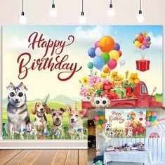 QUANTITY OF PUPPY DOG HAPPY BIRTHDAY BACKDROP CARTOON CUTE PET BALLOON FLOWER GIFT PHOTOGRAPHY BACKGROUND BOY GIRL OUTDOOR PARTY BABY SHOWER CAKE TABLE DECORATION 8X6FT RRP £353: LOCATION - A RACK