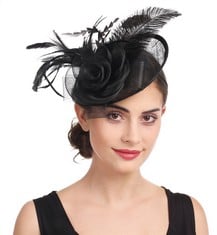 22 X WOMEN ELEGANT FASCINATOR HAT BRIDAL FEATHER PILLOW SINAMAY HAIR CLIP ACCESSORIES COCKTAIL WEDDING ROYAL ASCOT PARTY, M, A4-BLACK SINAMAY - TOTAL RRP £312: LOCATION - F
