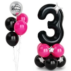 QUANTITY OF BLACK 3 BALLOONS,40 INCH LARGE BLACK HELIUM FOIL NUMBER 3 BALLOONS,SELF INFLATING BALLOONS WITH BLACK PINK BIRTHDAY DECORATIONS FOR GIRLS WOMEN BIRTHDAY PARTY ENGAGEMENT ANNIVERSARY WEDDI