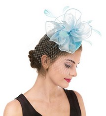 34 X FASCINATOR HAT FEATHER MESH NET VEIL PARTY HAT ASCOT HATS FLOWER DERBY HAT WITH CLIP AND HAIRBAND FOR WOMEN (A2-LIGHT BLUE) - TOTAL RRP £396: LOCATION - G