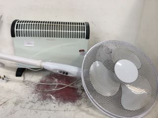 3 X ITEMS- FLOOR STANDING FAN AND SMALL FAN HEATER AND ELECTRIC HEATER