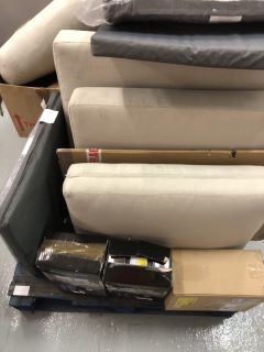 PALLET OF ASSORTED ITEMS TO INCLUDE ELECTRIC MOSQUITO KILLER AND NAILIA WALL LIGHT AND COMPACT METAL FIREPIT AND ASSORTED CUSHIONS