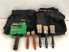 BOX OF ASSORTED ITEMS TO INCLUDE DEWALT WORK TROUSERS & ASSORTED PAINT BRUSHES (DELIVERY ONLY)